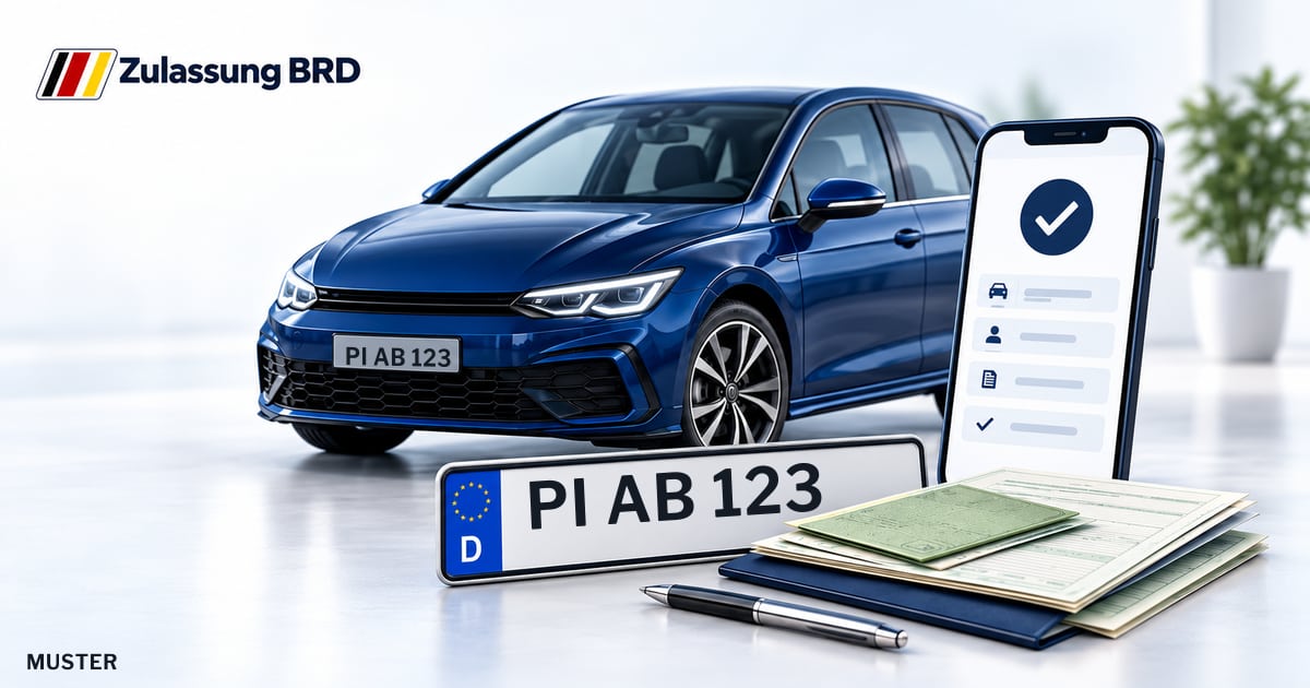 Online Fahrzeugzulassung in Elmshorn: Musterkennzeichen PI AB 123, Auto und Fahrzeugpapiere und Smartphone. Illustration mit Logo von Zulassung BRD.